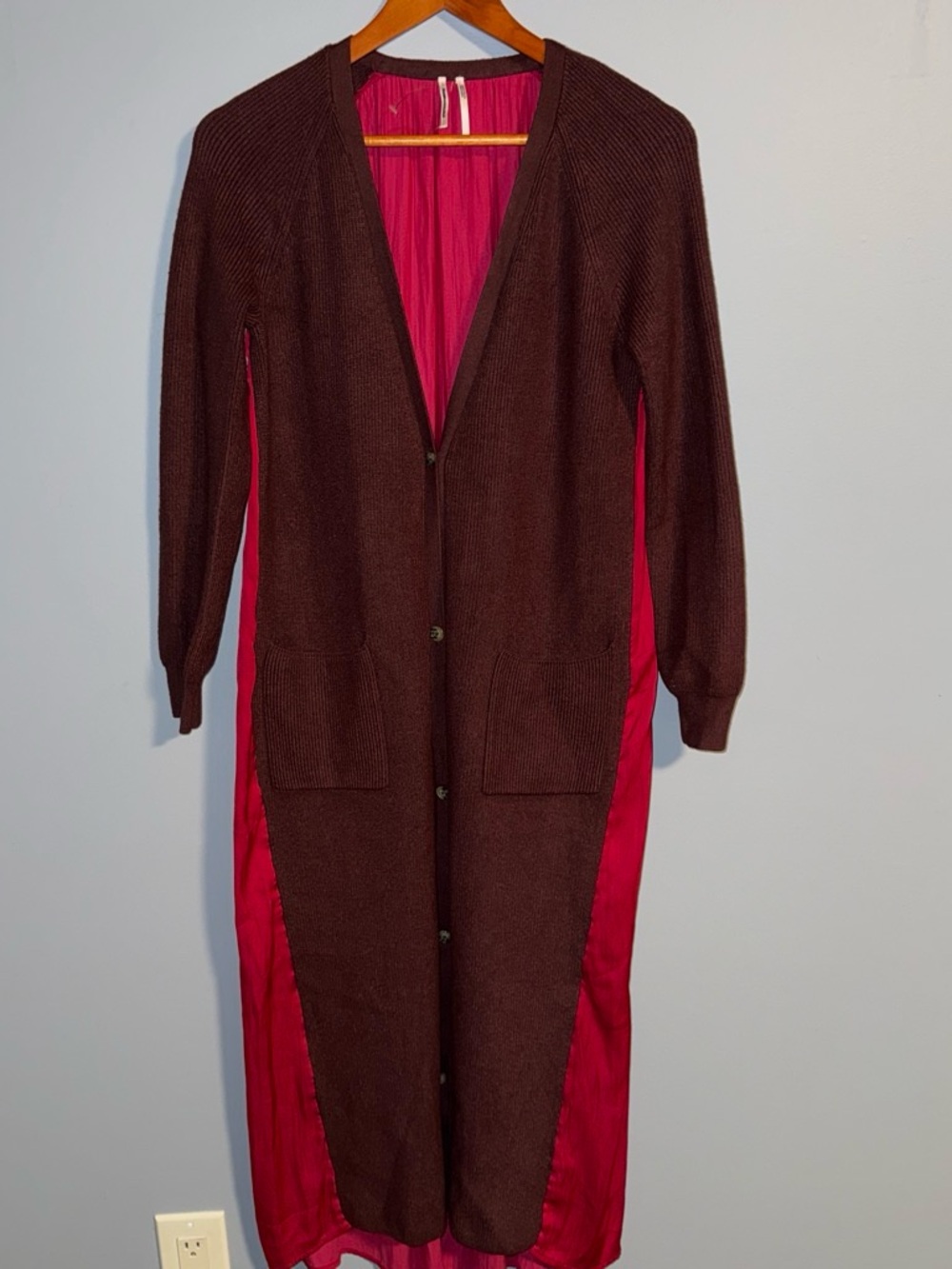 Anthropologie Brown Long Knit Cardigan with Red Satin Back